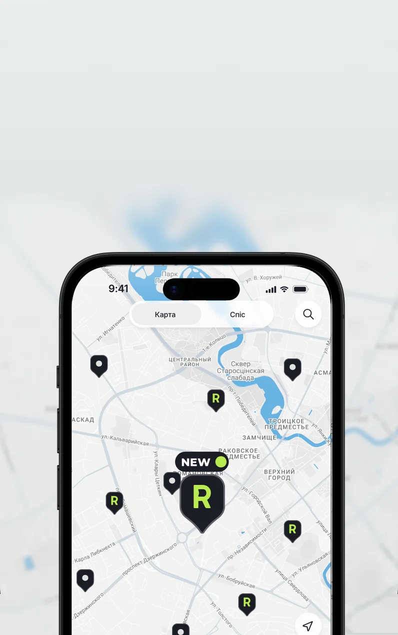 Карта Resty з установамі і пазнакай NEW