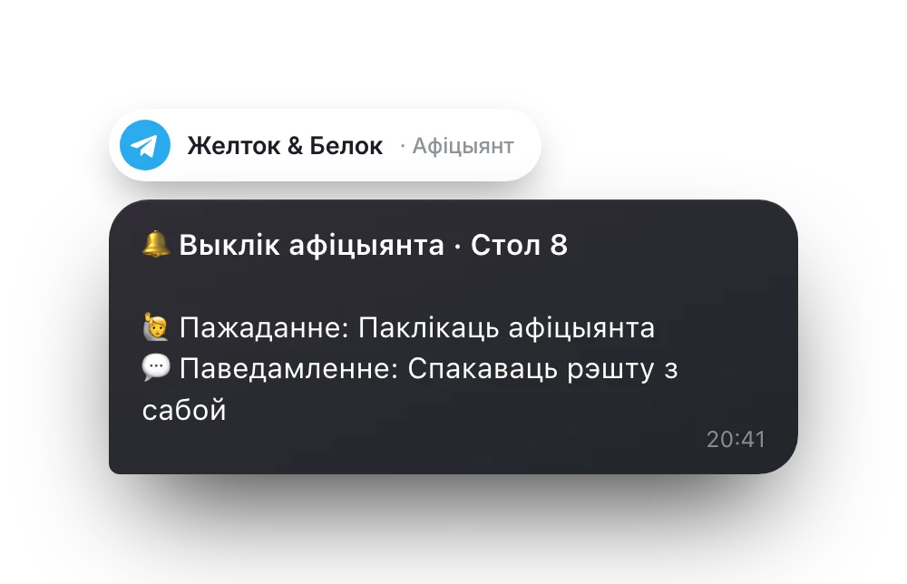 Паведамленне «Выклік афіцыянта · Стол 8» у Telegram-чаце каманды