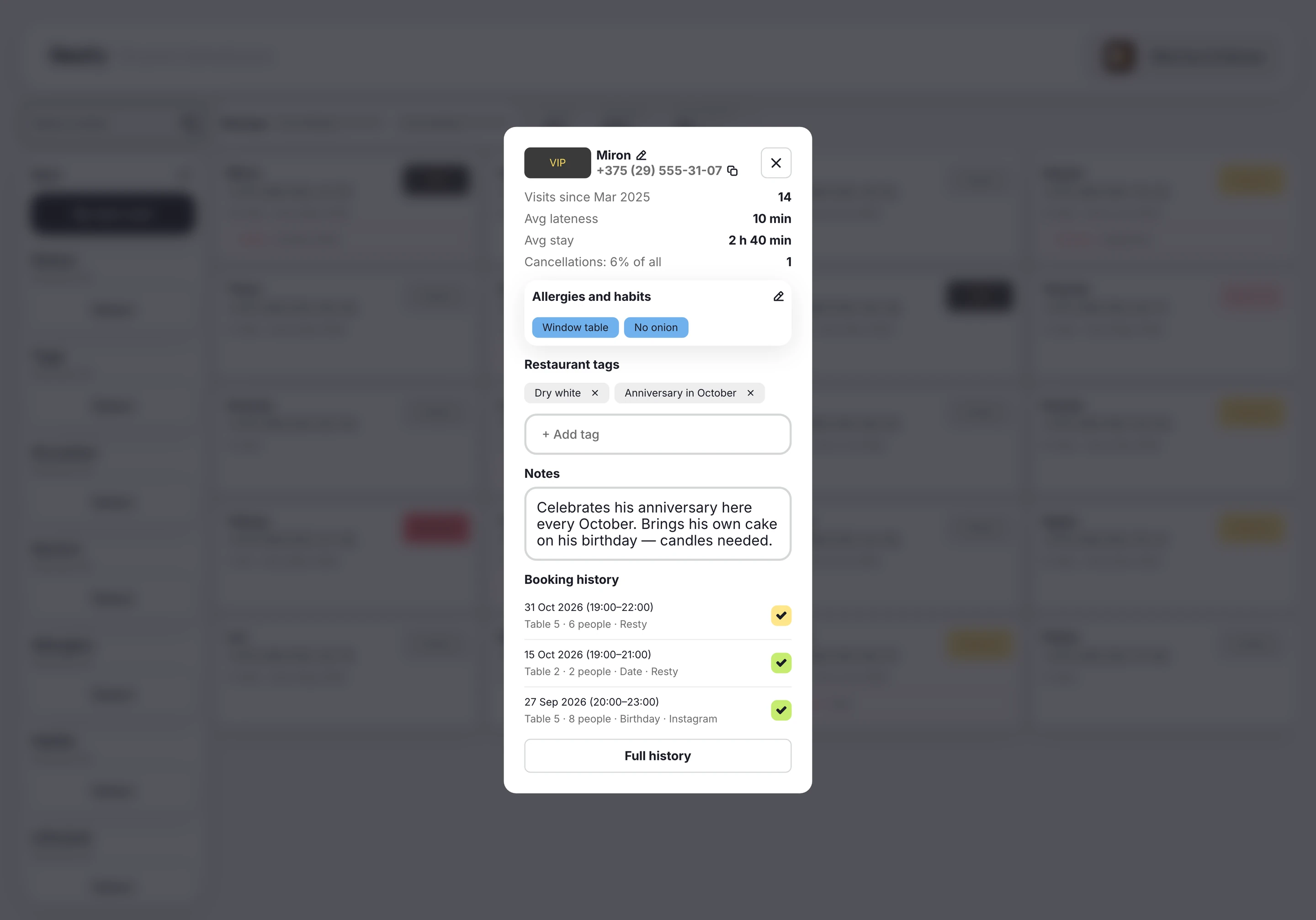Booking in the Resty admin panel: knowing every guest