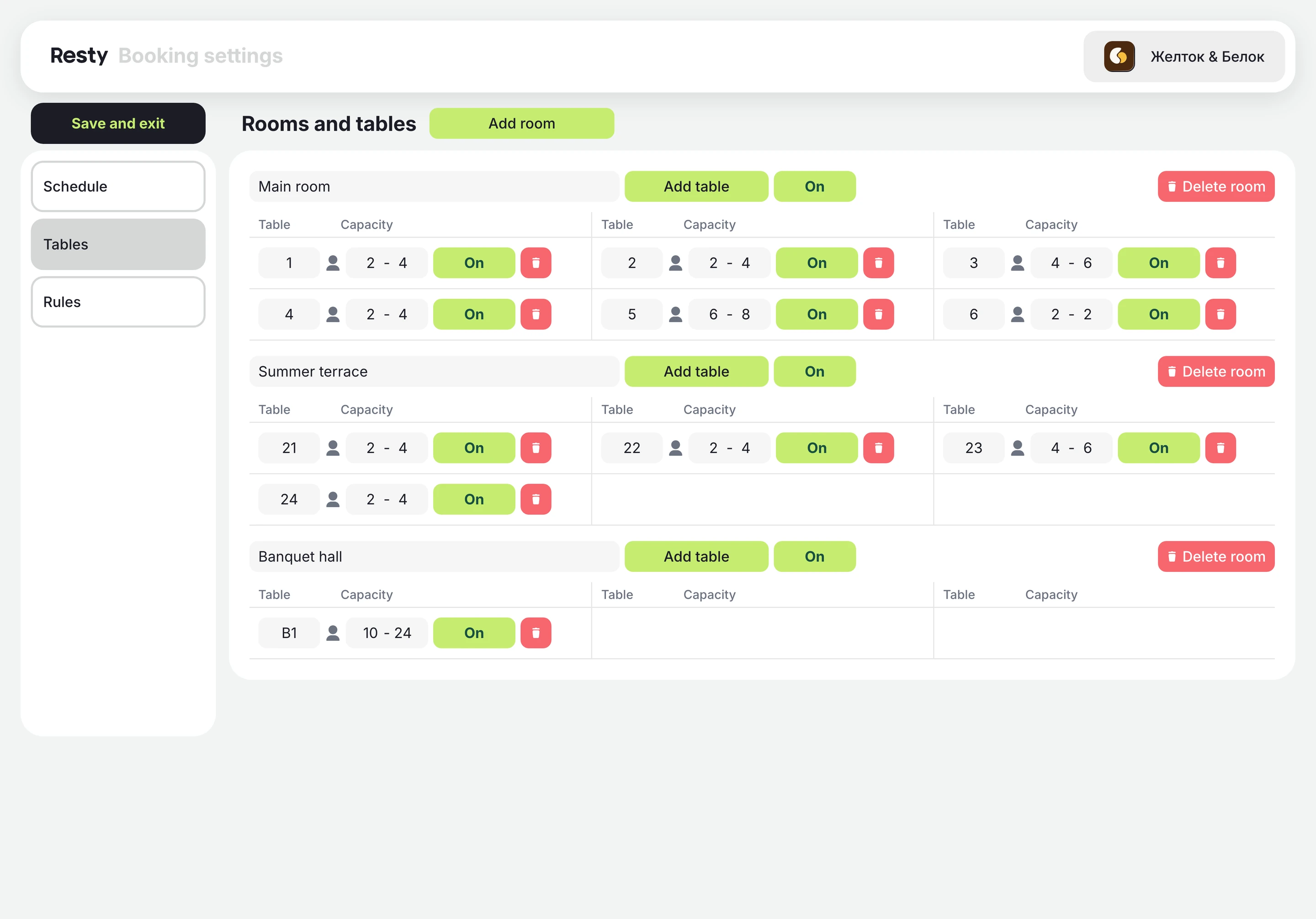 Booking in the Resty admin panel: setting up rooms and tables