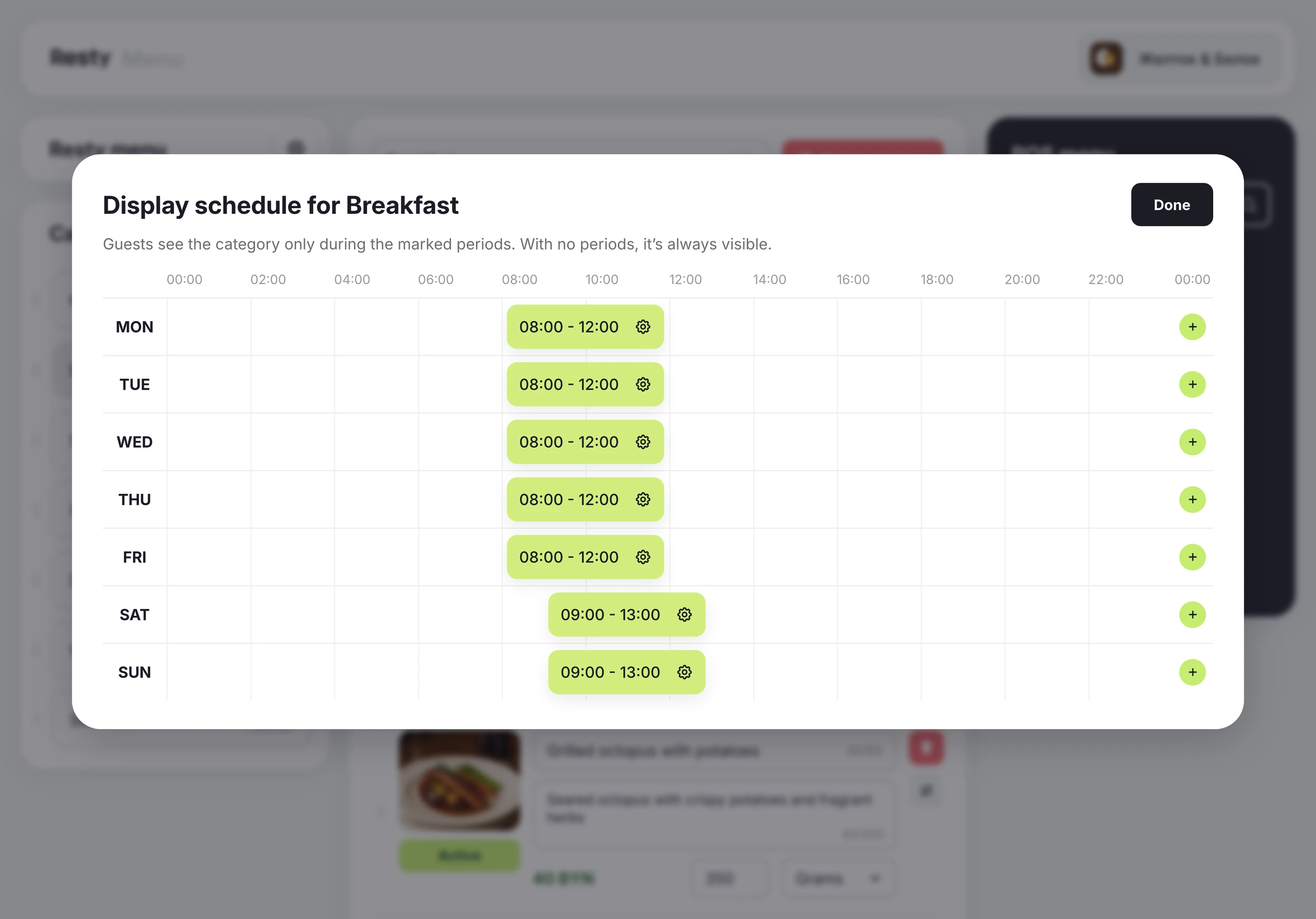 Menu builder in the Resty admin panel: setting the schedule