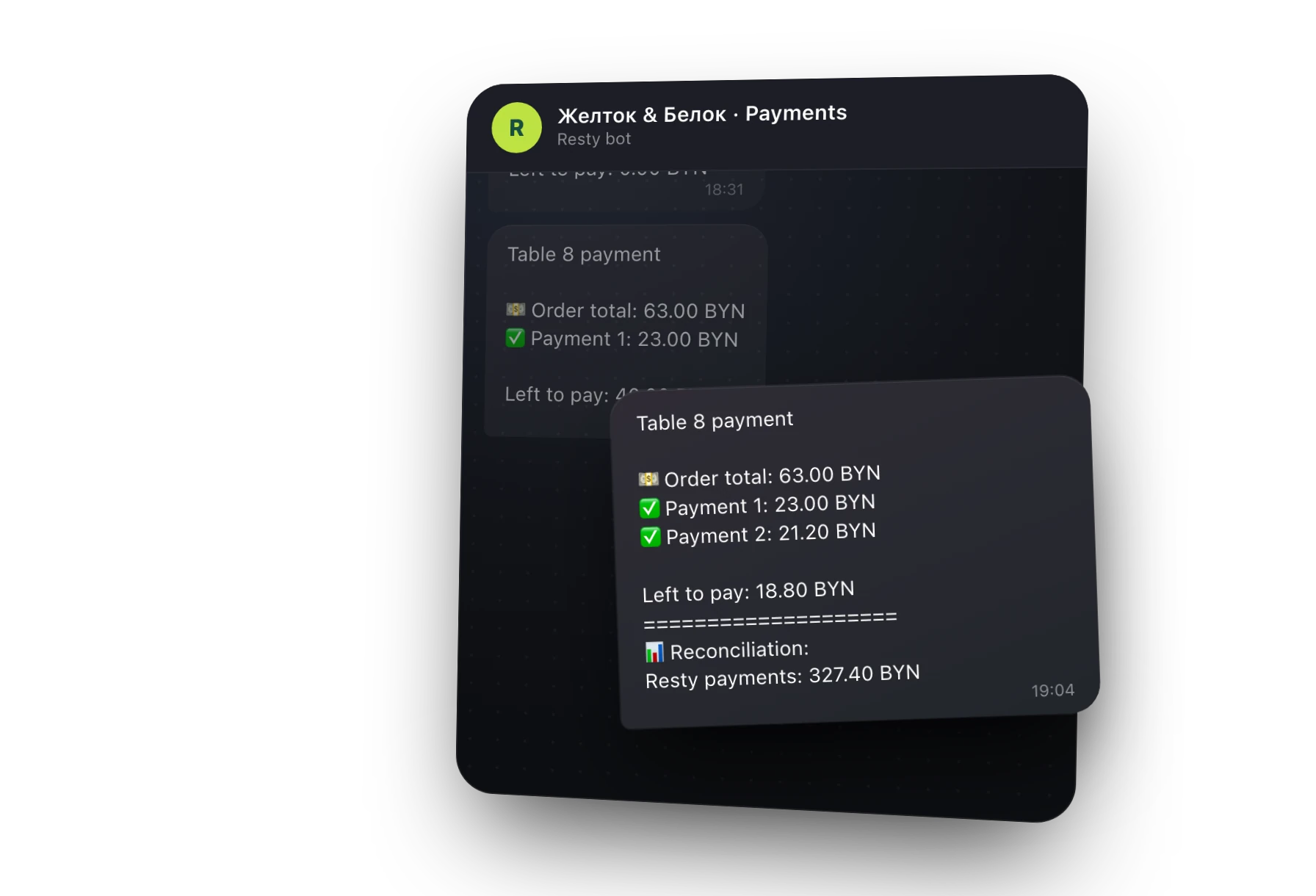 Bot payment messages in the team’s Telegram chat