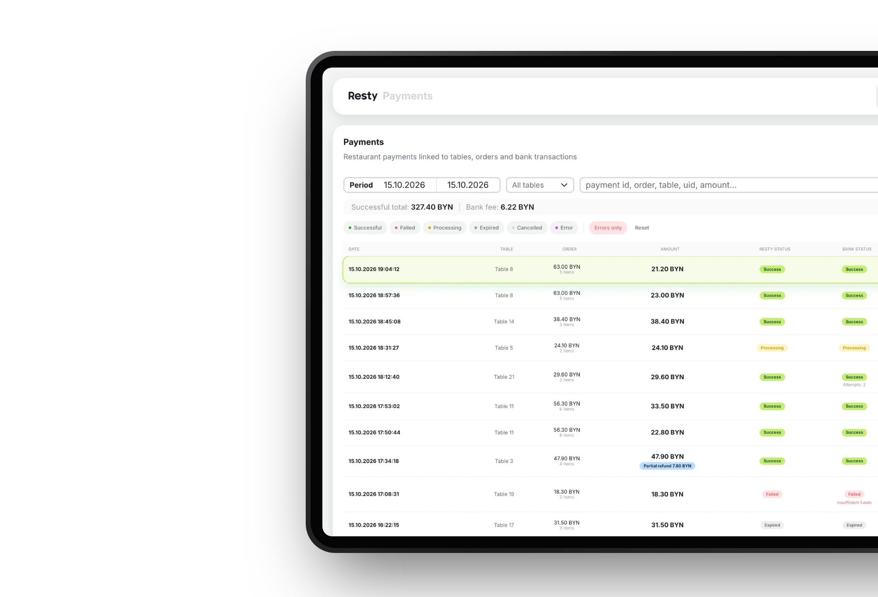 The “Payments” section in the Resty admin panel: a new payment from table 8