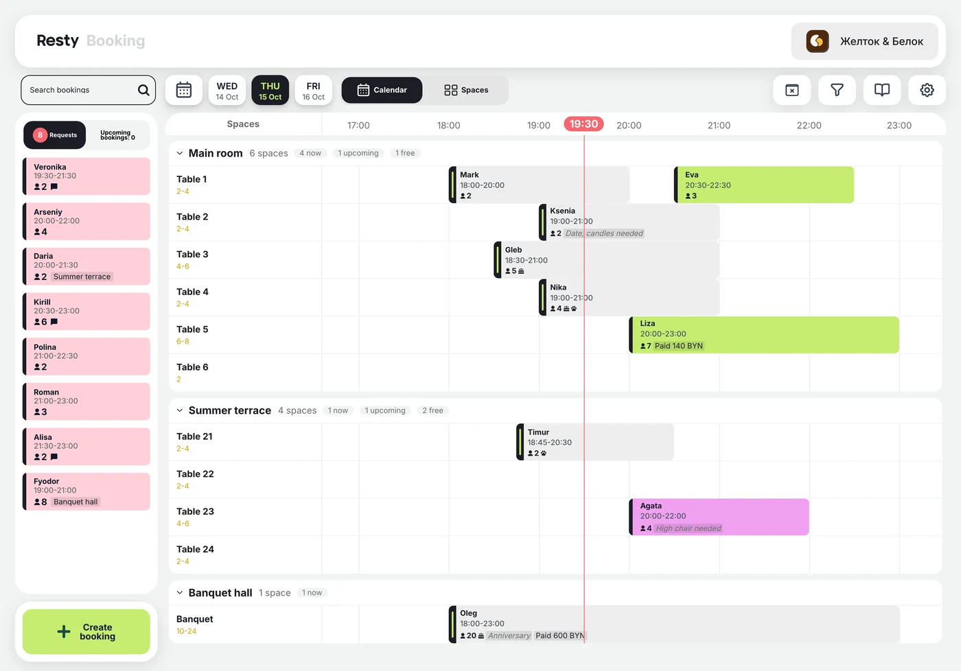 Resty Tables on iPad: the day’s requests and bookings by table