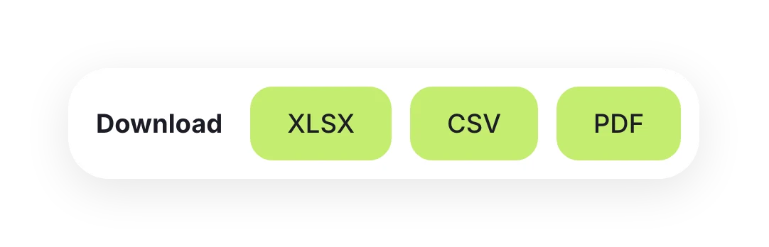 “Download” buttons: XLSX, CSV and PDF