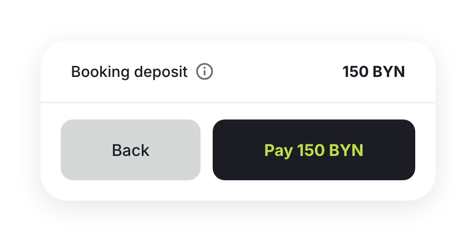 150 BYN booking deposit and a “Pay 150 BYN” button