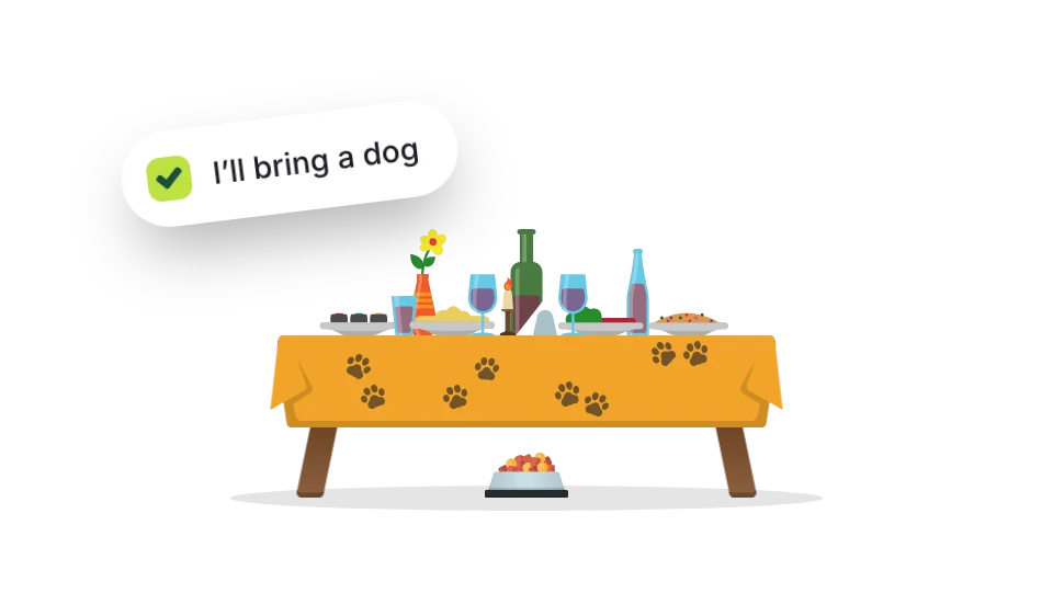 A table with paw prints on the tablecloth, a bowl and the “I’ll bring a dog” tick