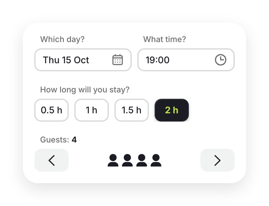 First booking step: day, time, length of stay up to 2 hours and number of guests