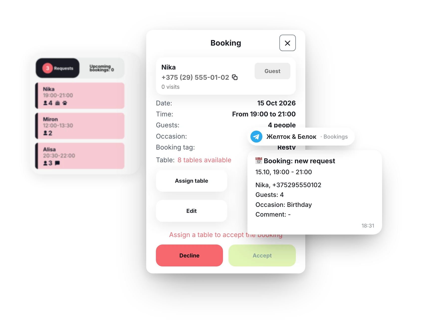 New request: in “Requests” in the admin panel, in the request window and in the team’s Telegram chat