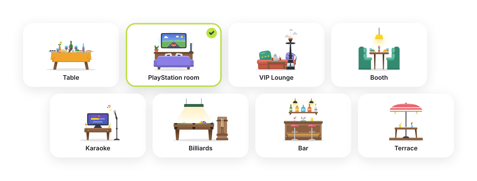 Pictures for each venue format: table, PS room, VIP Lounge, booth, karaoke, billiards, bar, terrace