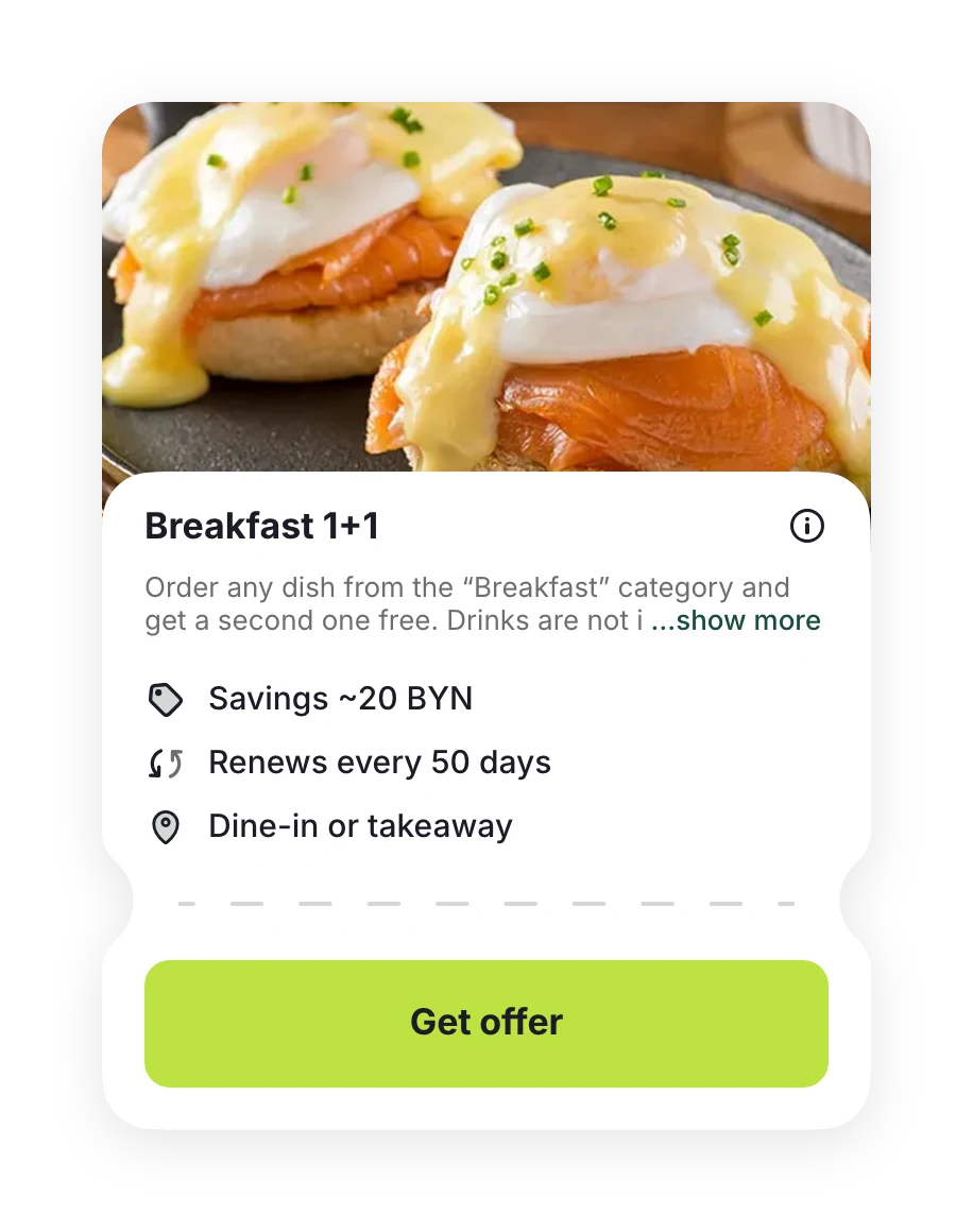 “Breakfast 1+1” offer: savings ~20 BYN, renews every 50 days, dine-in or takeaway