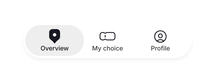App tab bar: Overview, My choice, Profile