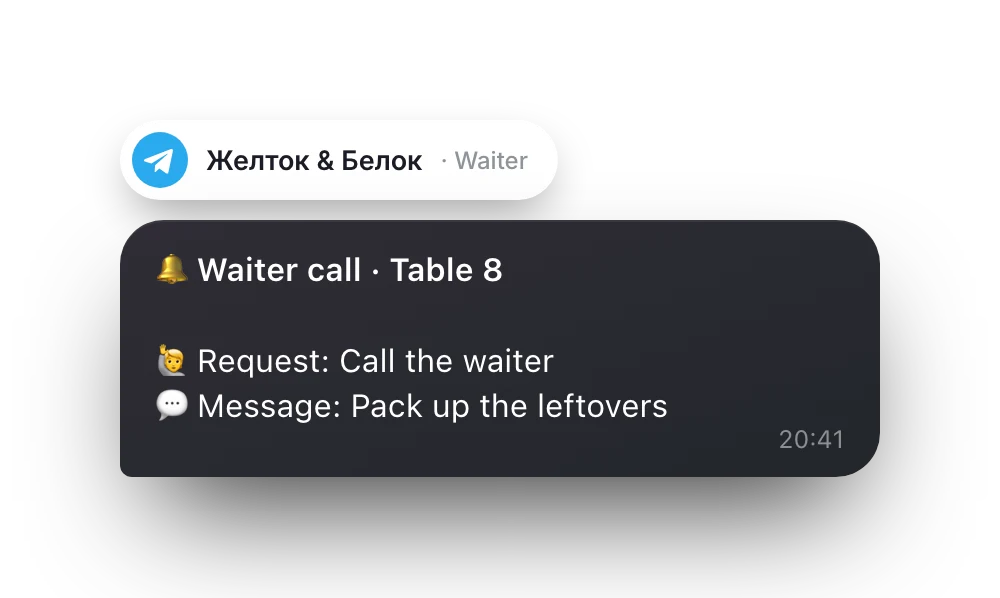 “Waiter call · Table 8” message in the team’s Telegram chat