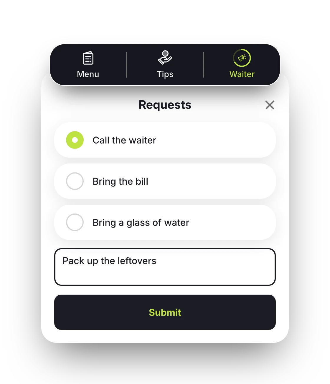 “Waiter” tab and “Requests” window: a guest calls the waiter