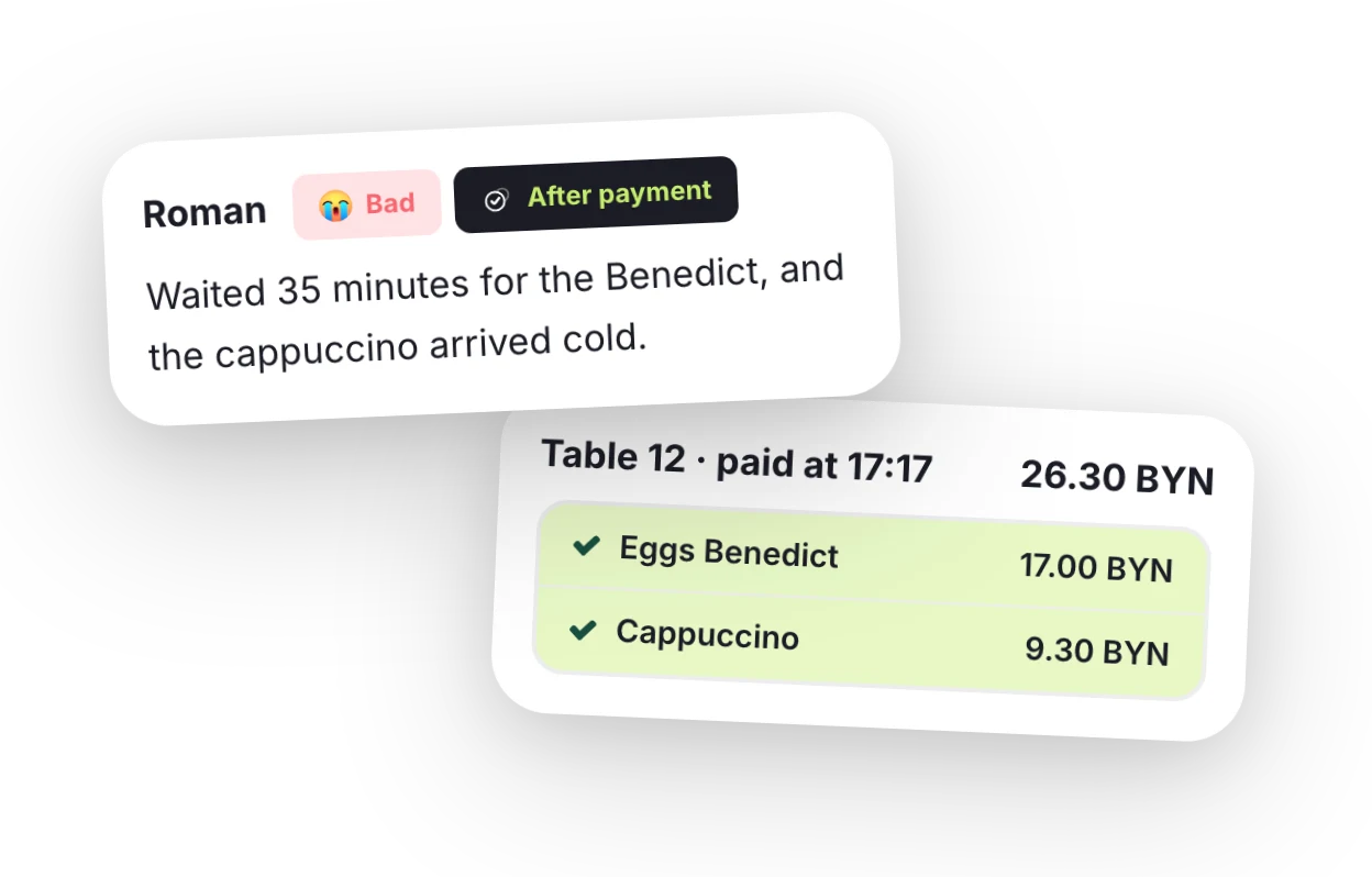 “Bad” review after payment and the order from table 12: eggs Benedict and cappuccino, 26.30 BYN paid