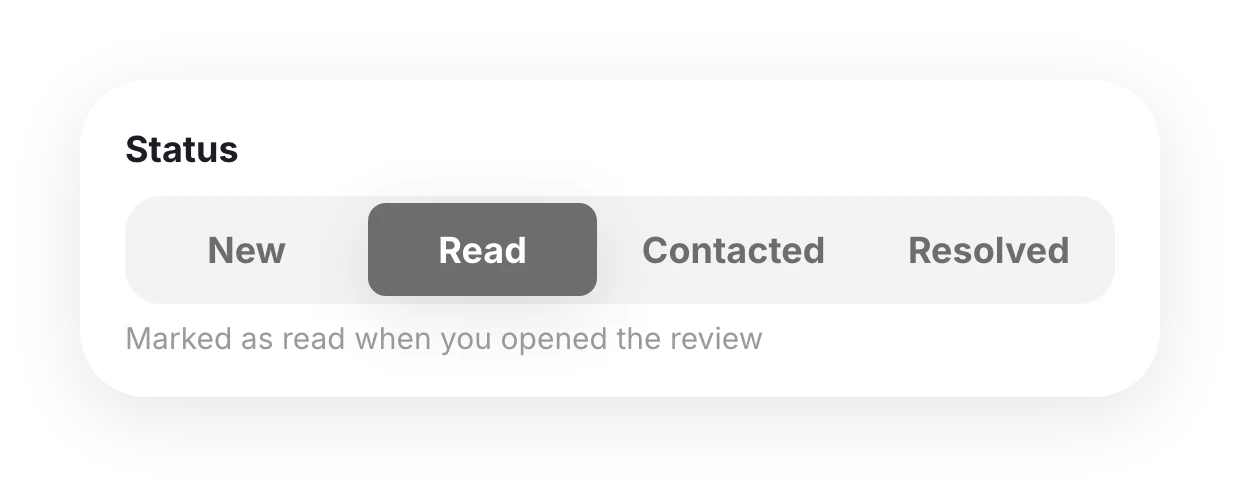 Review statuses: new, read, contacted, resolved