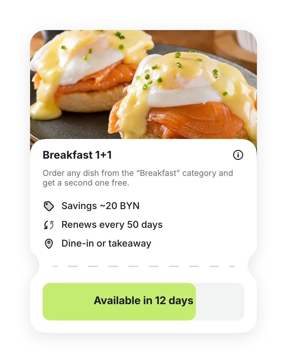 “Breakfast 1+1” offer after a visit: “Available in 12 days”