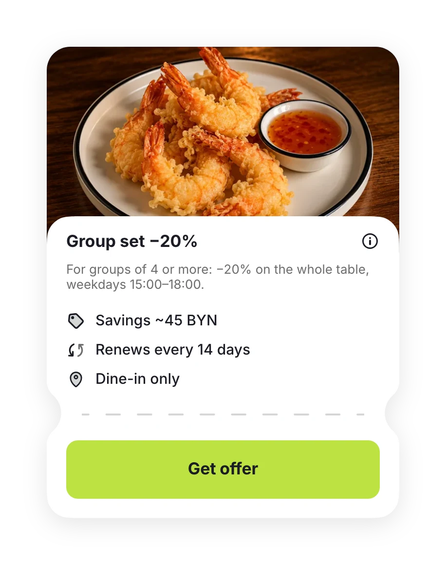 “Group set −20%” offer for 4 or more guests on weekdays, 15:00 to 18:00