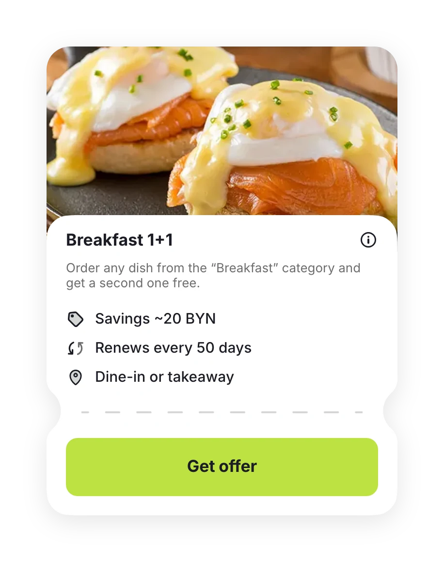 “Breakfast 1+1” offer: savings ~20 BYN, dine-in or takeaway