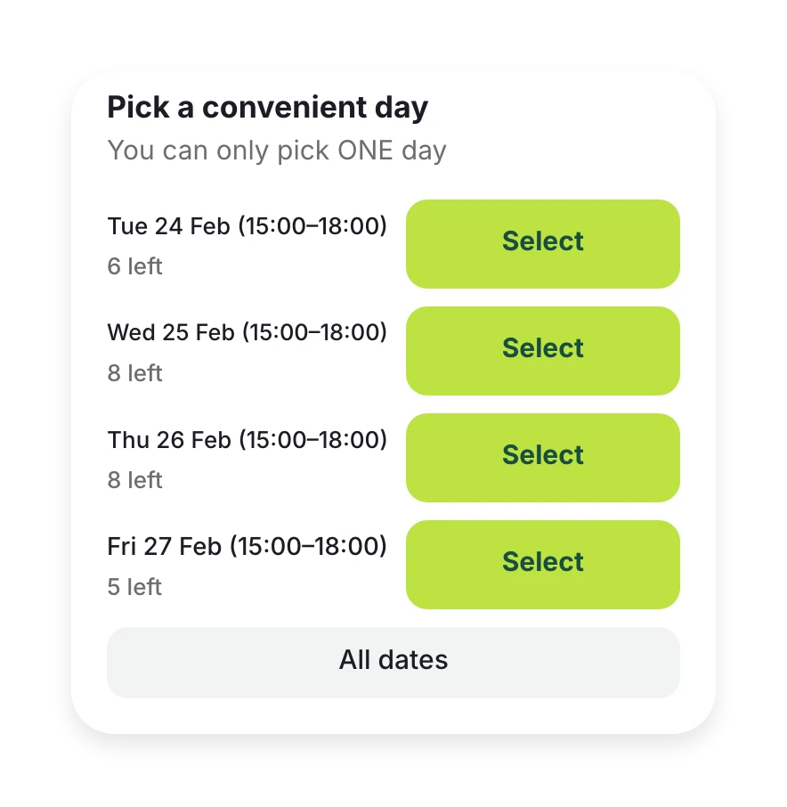 Picking a day for the offer: weekdays 15:00–18:00 and places left