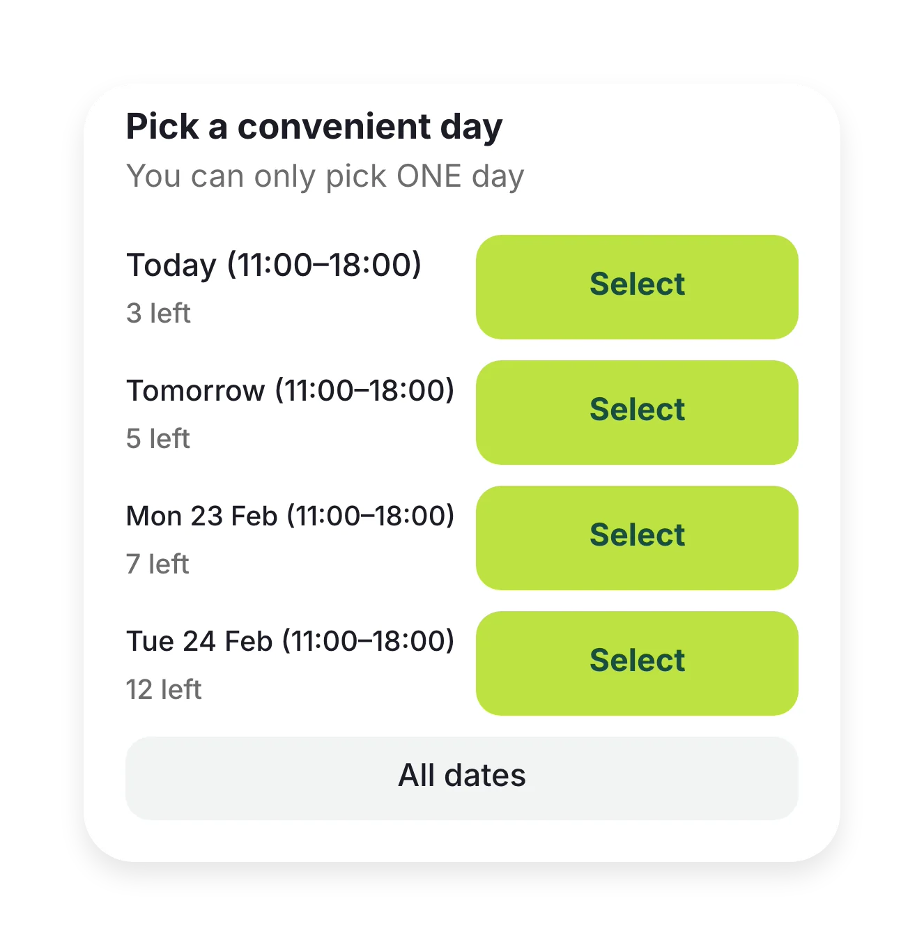 “Pick a convenient day” with places left