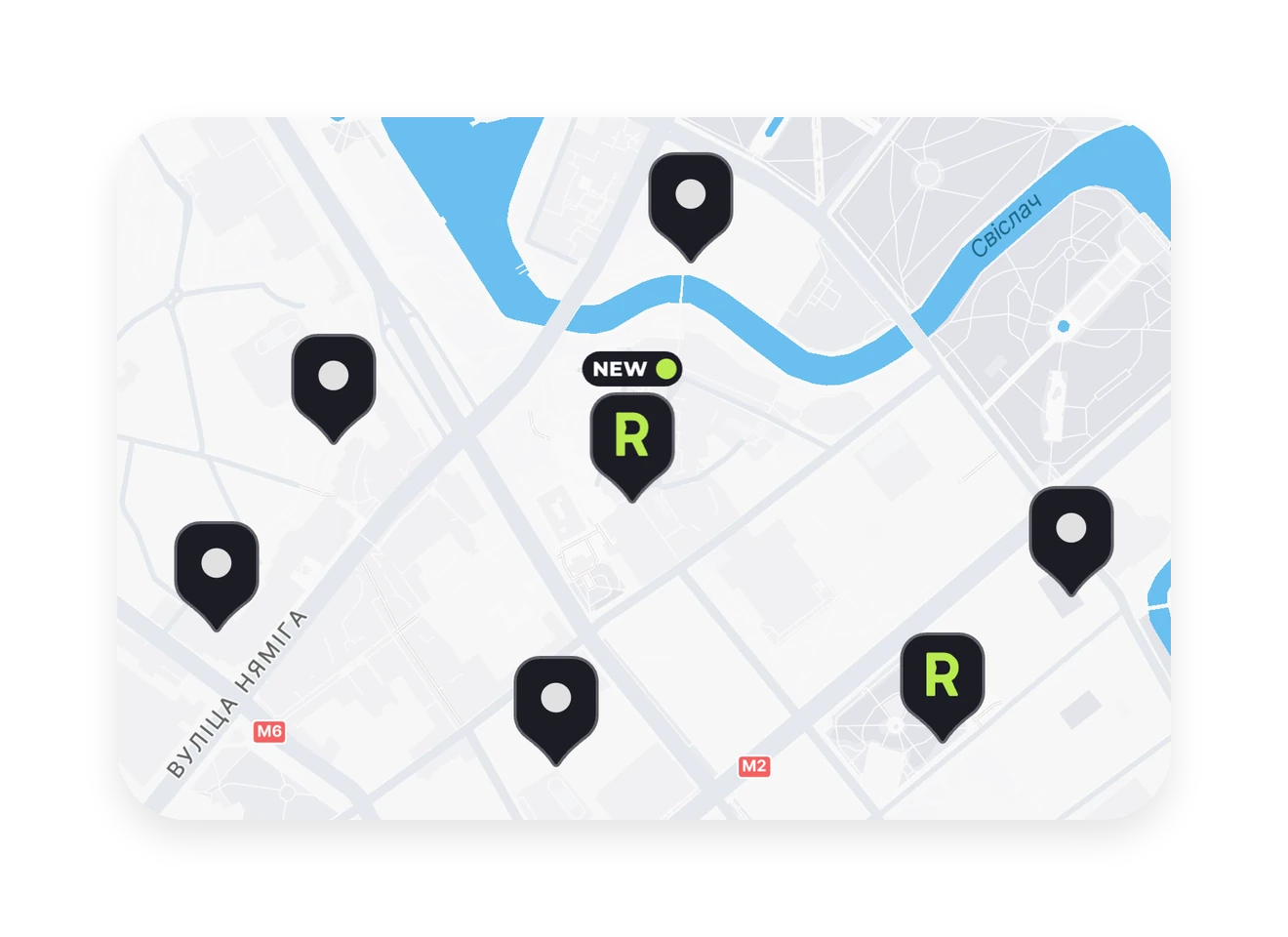 Resty map with venues and a NEW badge