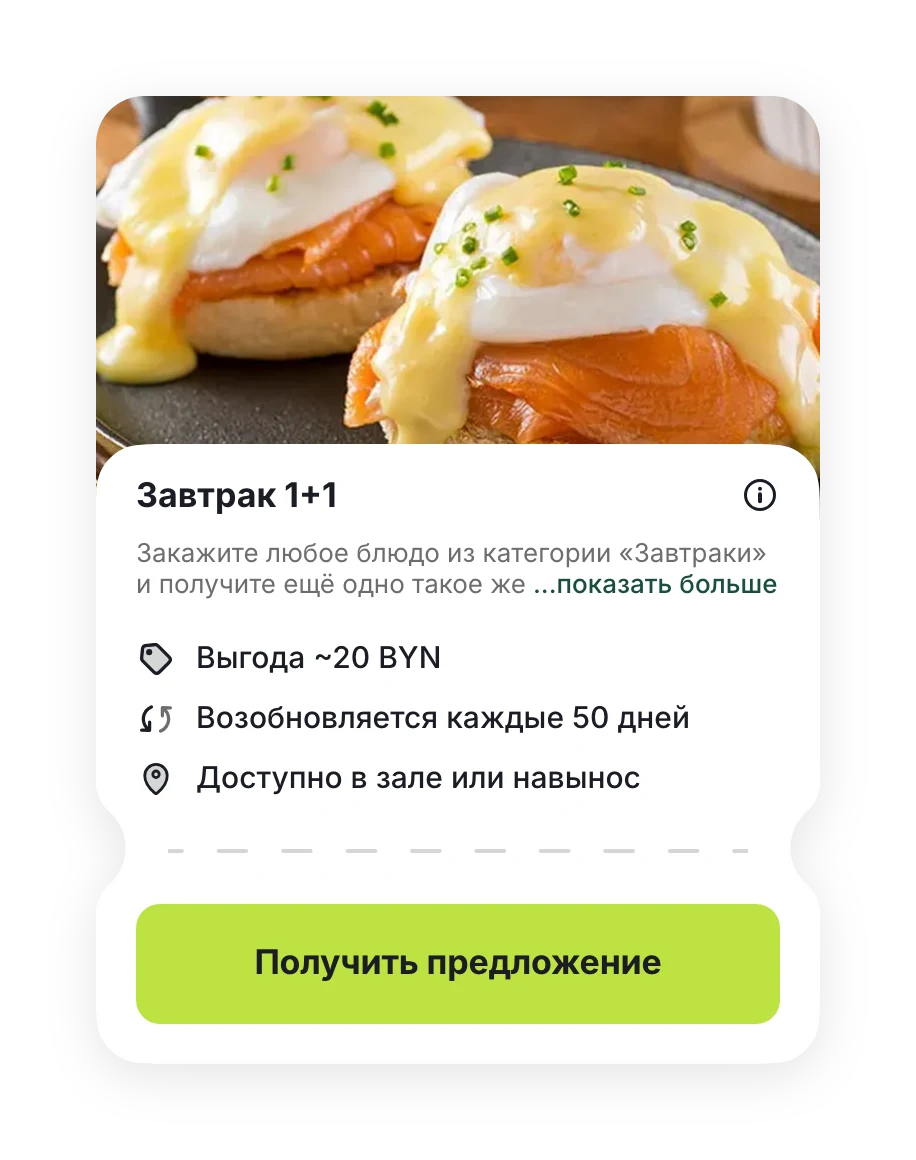 Предложение «Завтрак 1+1»: выгода ~20 BYN, возобновляется каждые 50 дней, доступно в зале или навынос